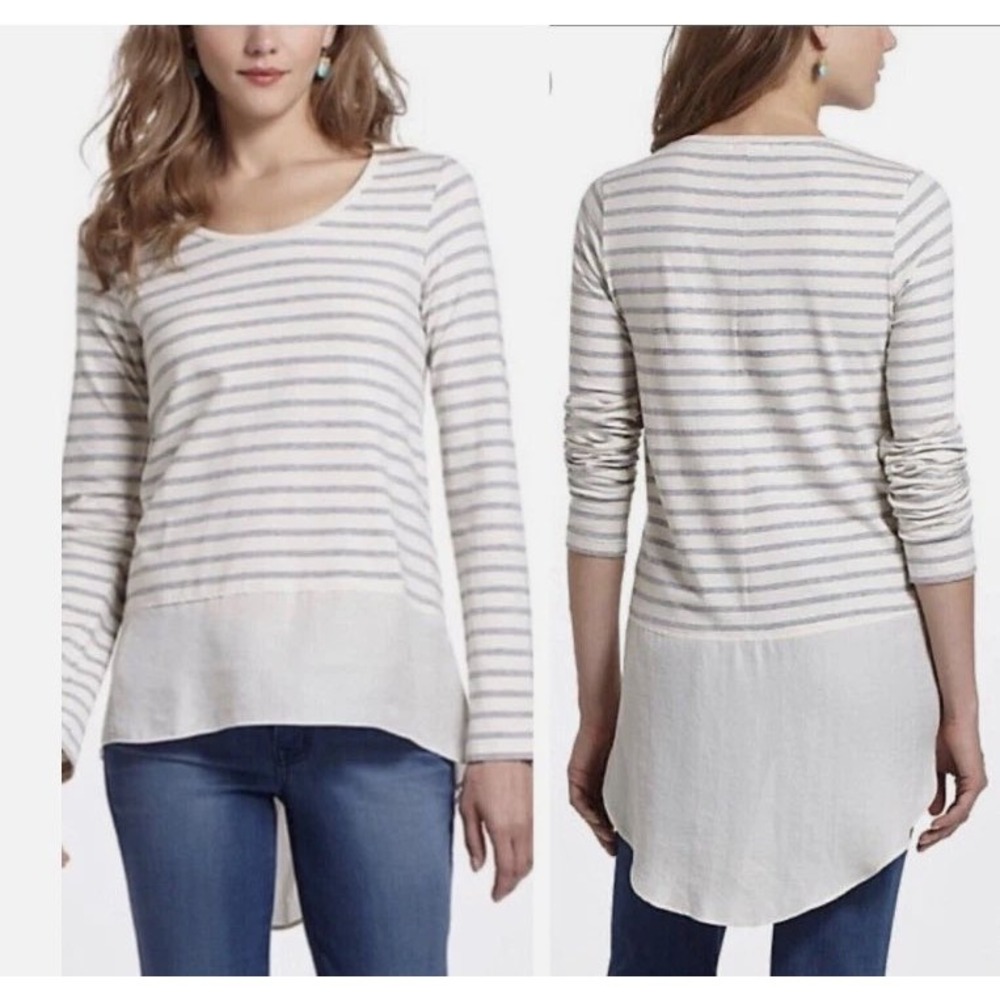 Anthropologie Lily's Closet Striped High Low Mixed Media Tunic Top Gray White L